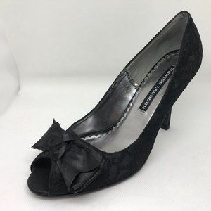 Chinese Laundry Black Lace and Satin Open Toe Pump with Bow detail.